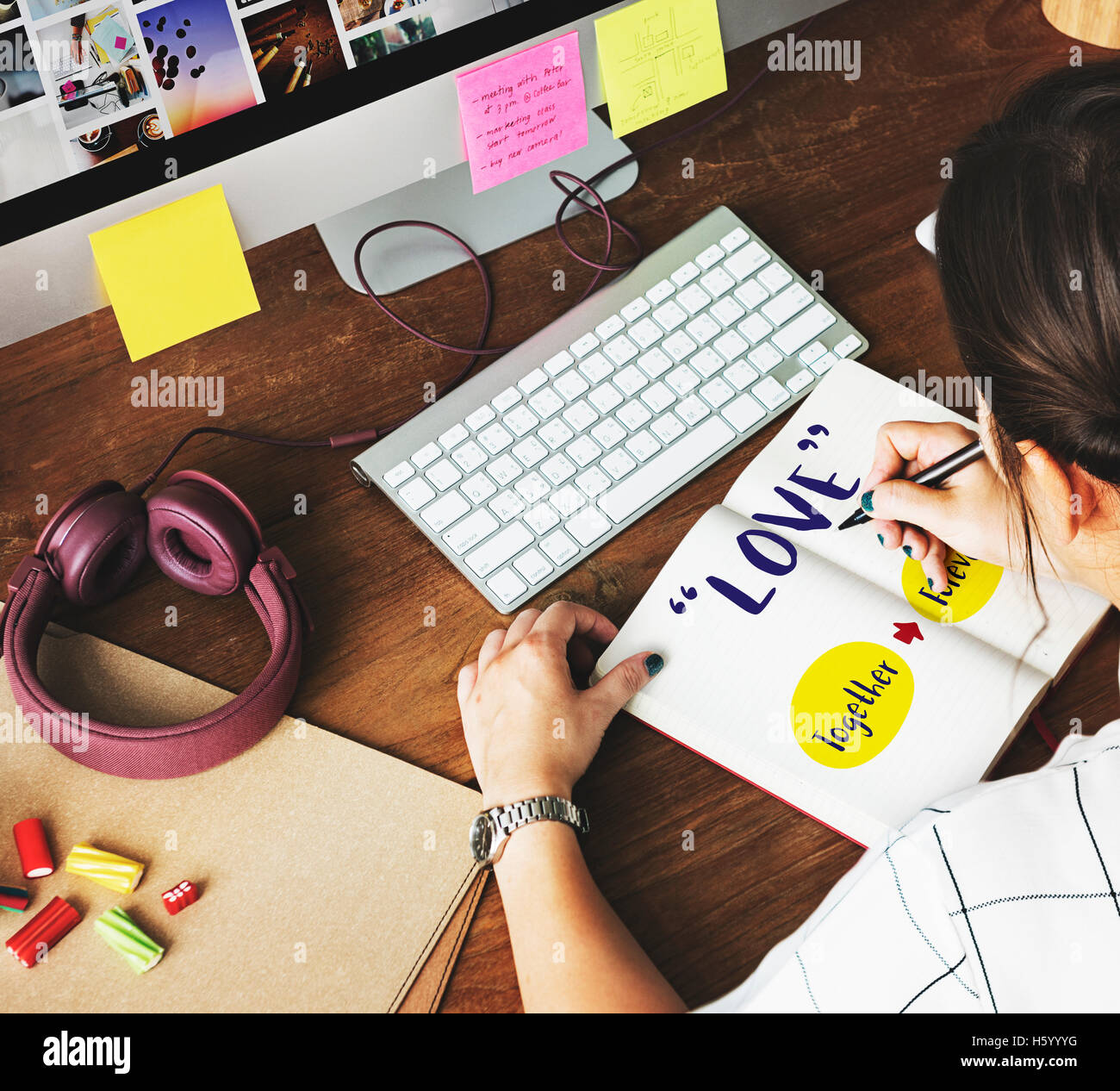 Positivity Phrases Lady Writing Concept Stock Photo