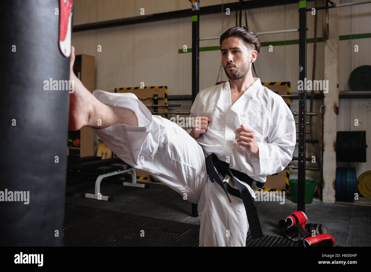 Man practicing karate with punching bag Stock Photo Alamy