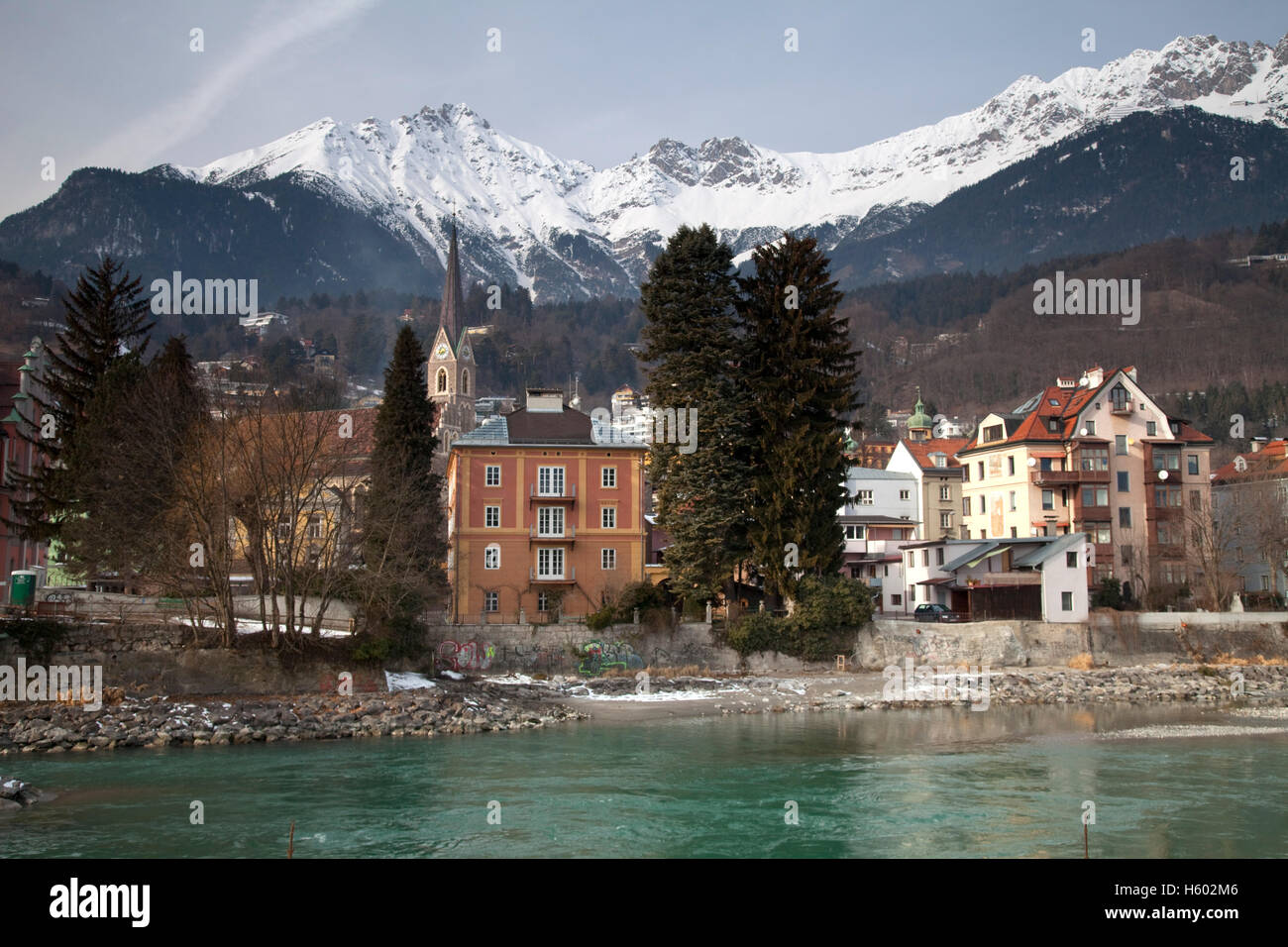 Inn riverside, Karwendel Mountains, provincial capital Innsbruck, Tyrol, Austria, Europe Stock Photo