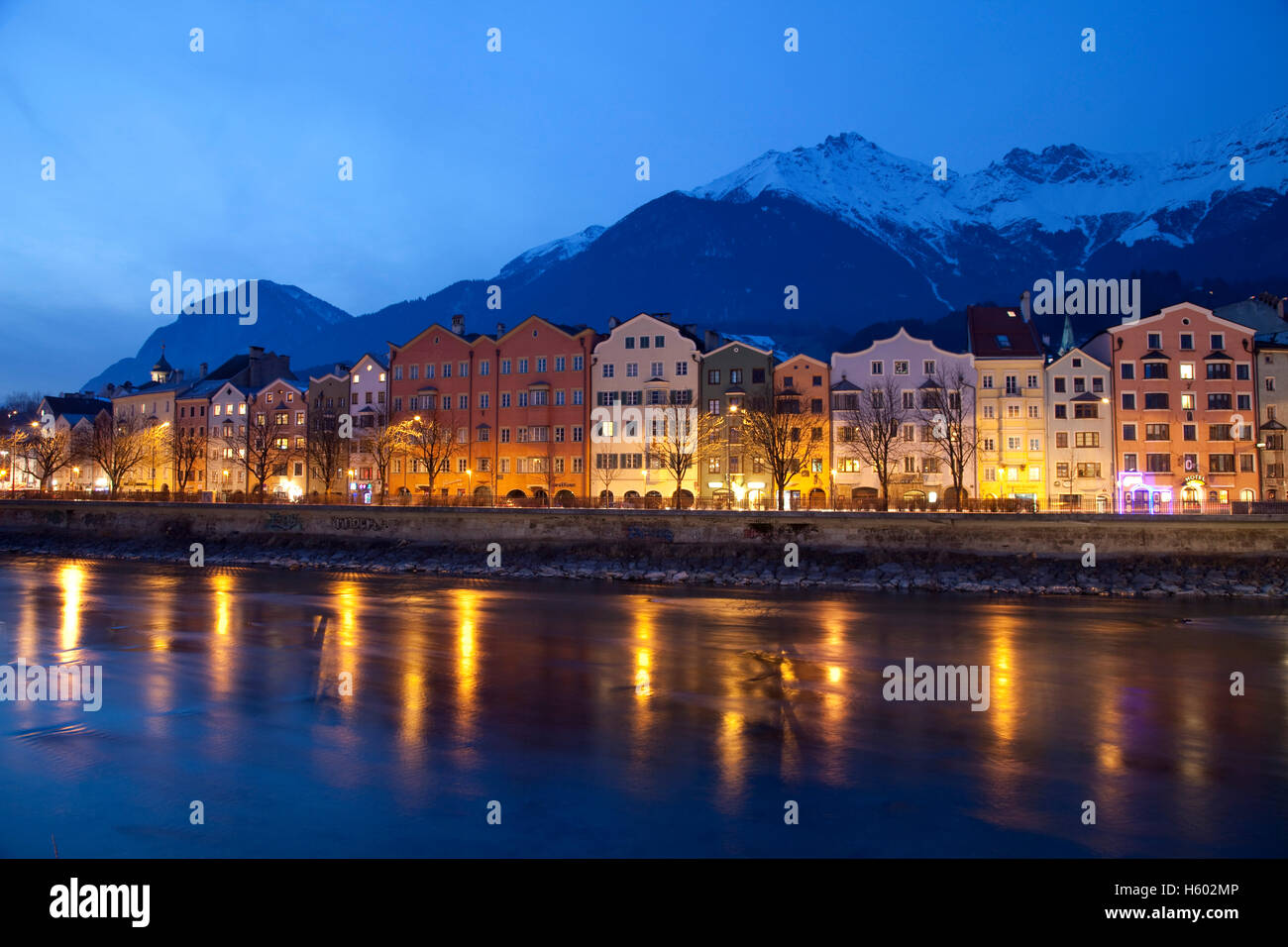 Mariahilf district on the Inn riverside, dusk, Karwendel Mountains, provincial capital Innsbruck, Tyrol, Austria, Europe Stock Photo