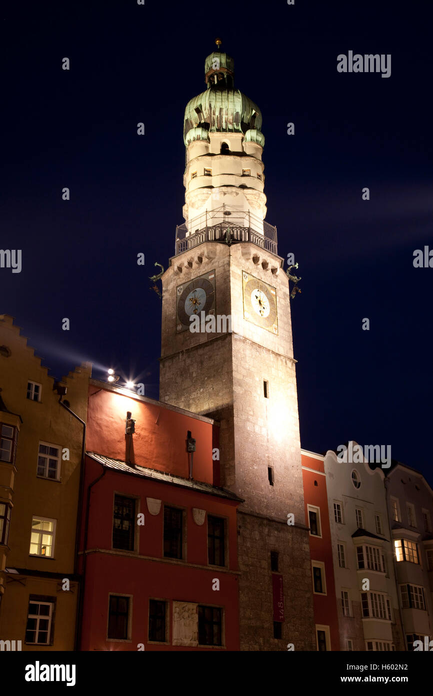 City tower in the historic centre, night shot, provincial capital Innsbruck, Tyrol, Austria, Europe Stock Photo