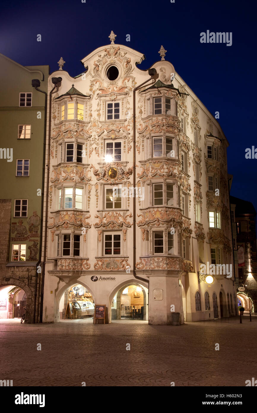 Heblinghaus building in the historic centre, night shot, provincial capital Innsbruck, Tyrol, Austria, Europe Stock Photo