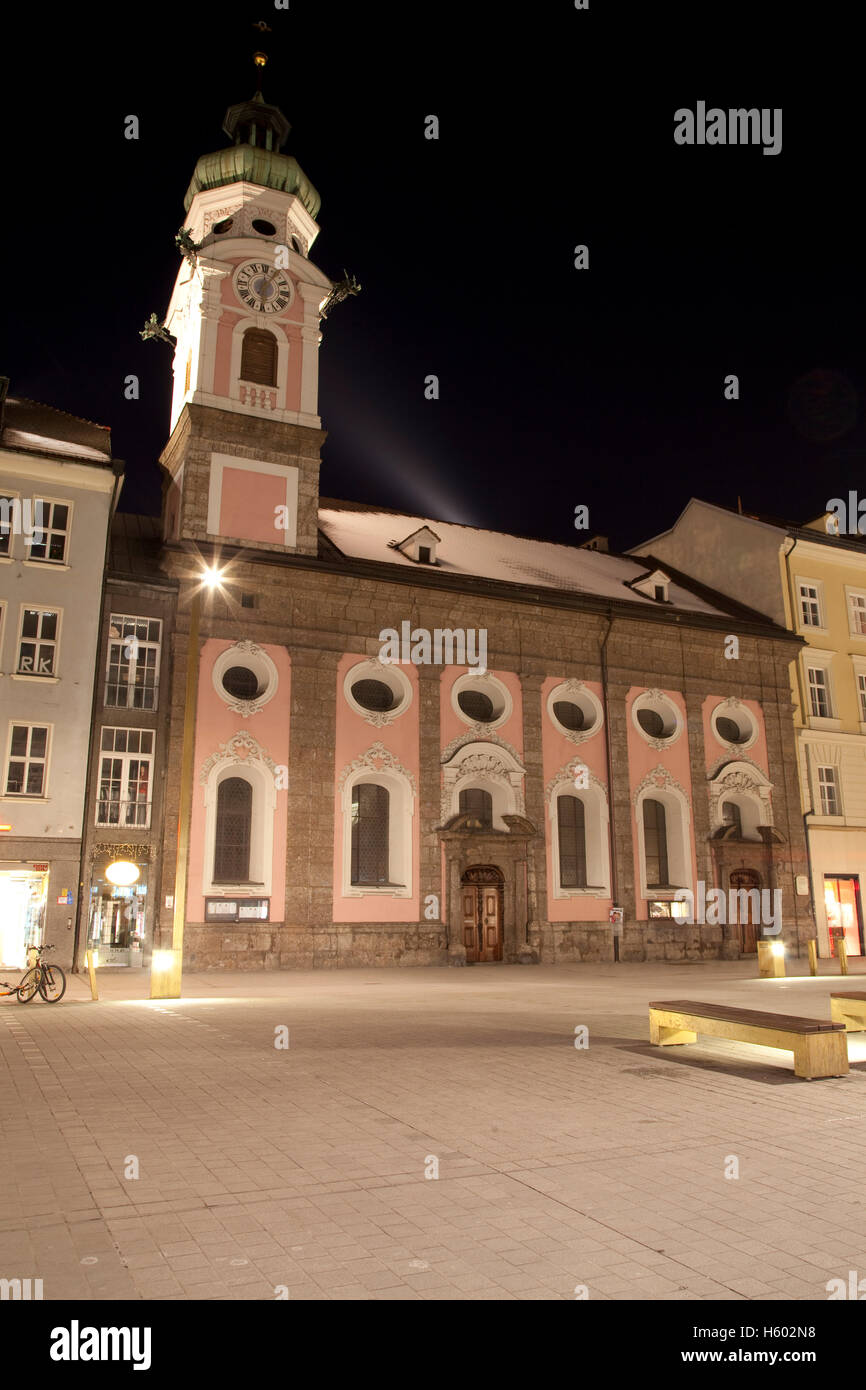 Spitalskirche Church in the historic centre, night shot, Innsbruck, Tyrol, Austria, Europe Stock Photo
