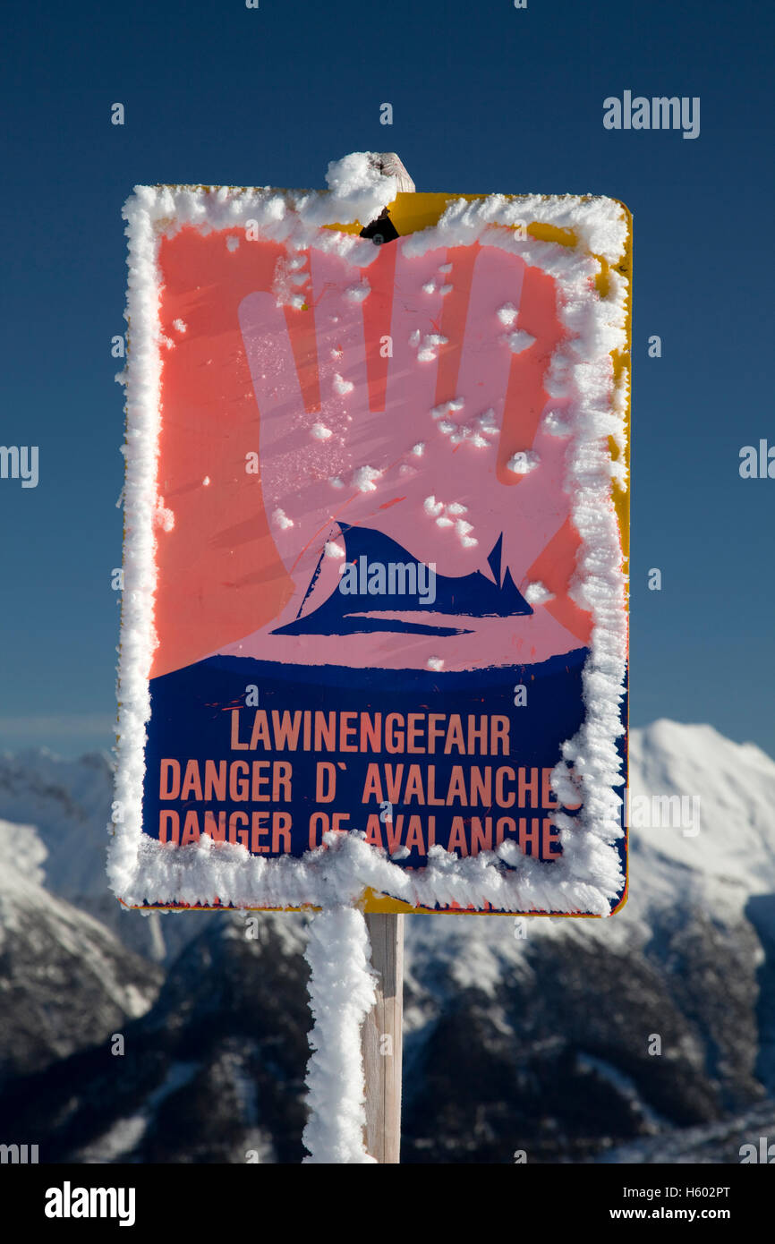 Danger of avalanches, warning sign, Karwendel Range, Tyrol, Austria, Europe Stock Photo