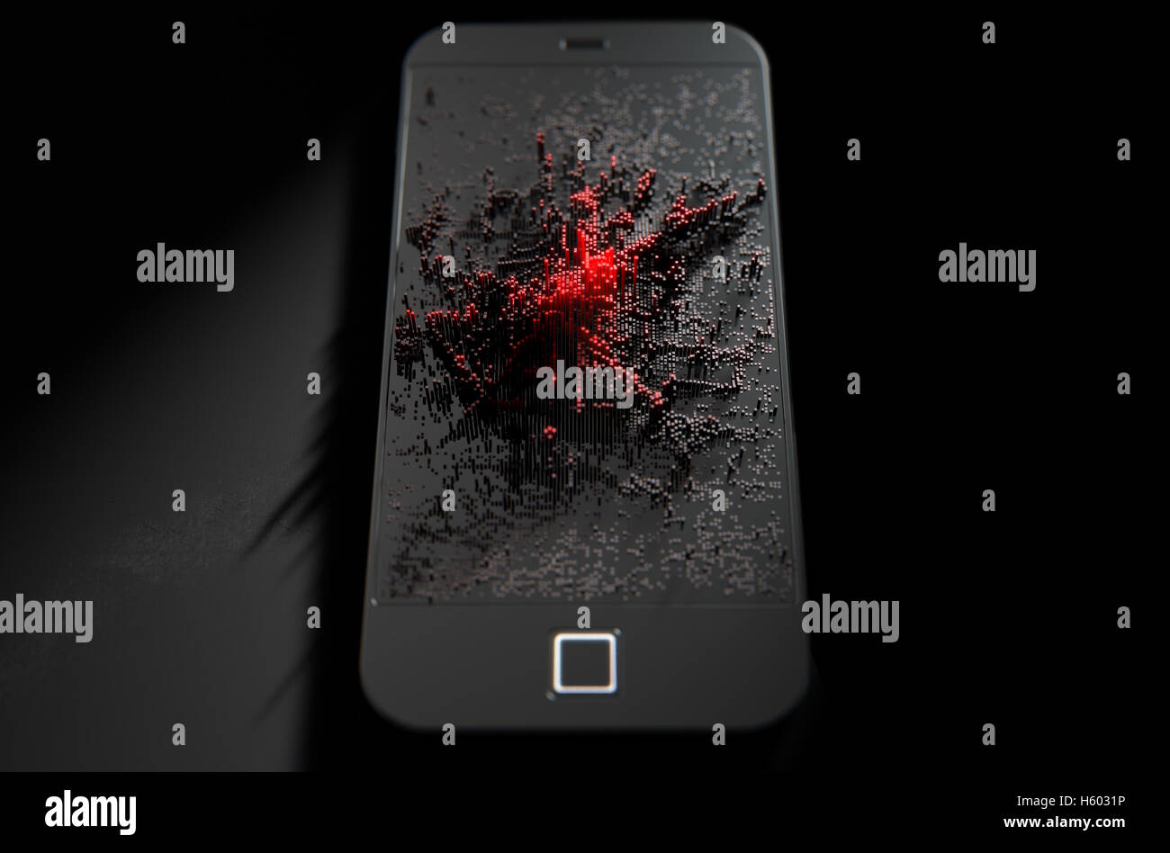 A 3D render of a modern generic smart phone screen emanating small red pixels at random Stock Photo