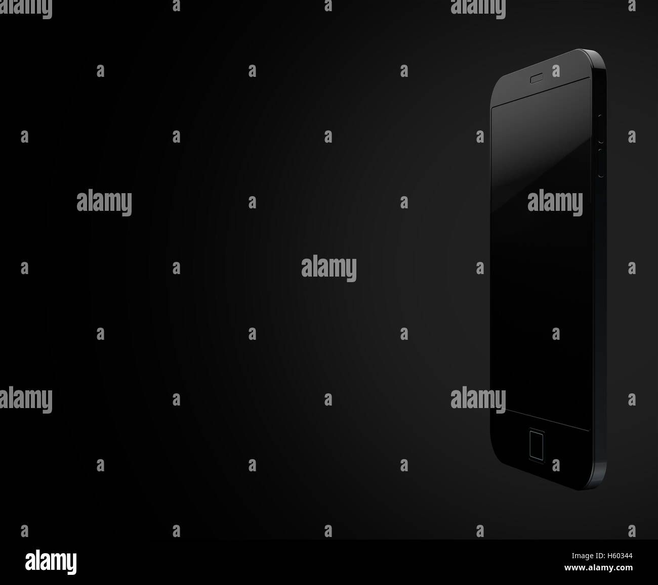 A 3D render of a modern all black generic smart phone on an isolated ...