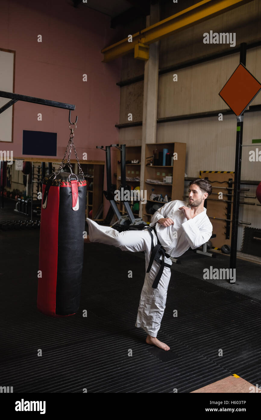 Man practicing karate with punching bag Stock Photo Alamy
