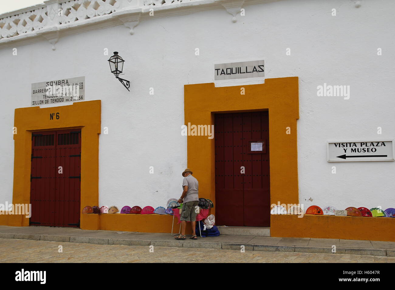 Seville bullring outdoors, with tourists and souvenirs Stock Photo Alamy