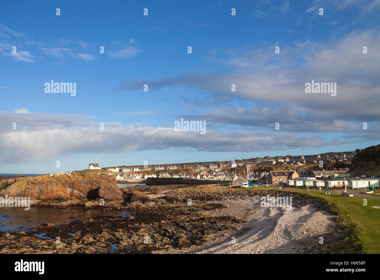Looking east towards the former fishing village of Findochty on the Moray Firth coast, Findochty, Moray, Scotland in the former Stock Photo