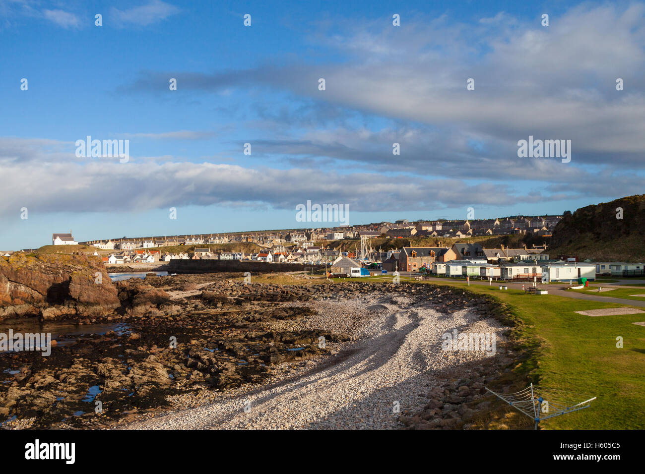 Looking east towards the former fishing village of Findochty on the Moray Firth coast, Findochty, Moray, Scotland in the former Stock Photo