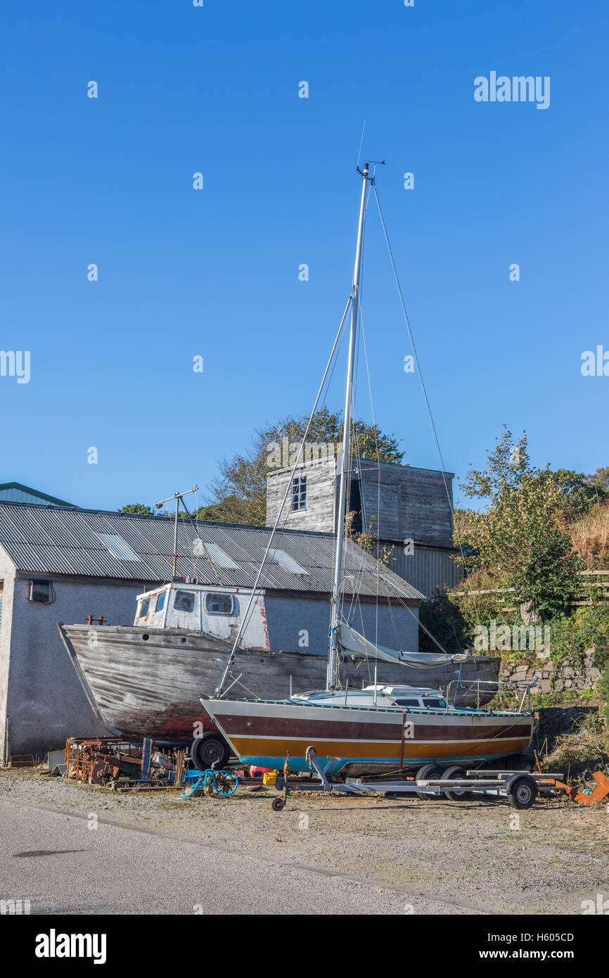 boats in dry dock at Gairloch Harbour, Gairloch, Wester Ross, Scotland Stock Photo