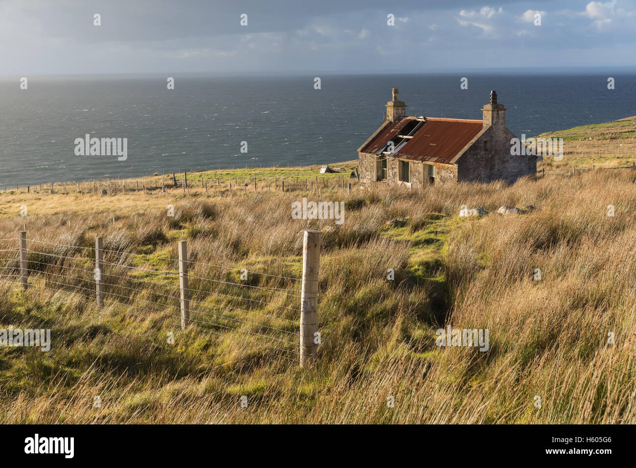 An abandoned croft house at Melvaig, a remote village on the coast of Wester Ross, Scottish Highlands. Stock Photo