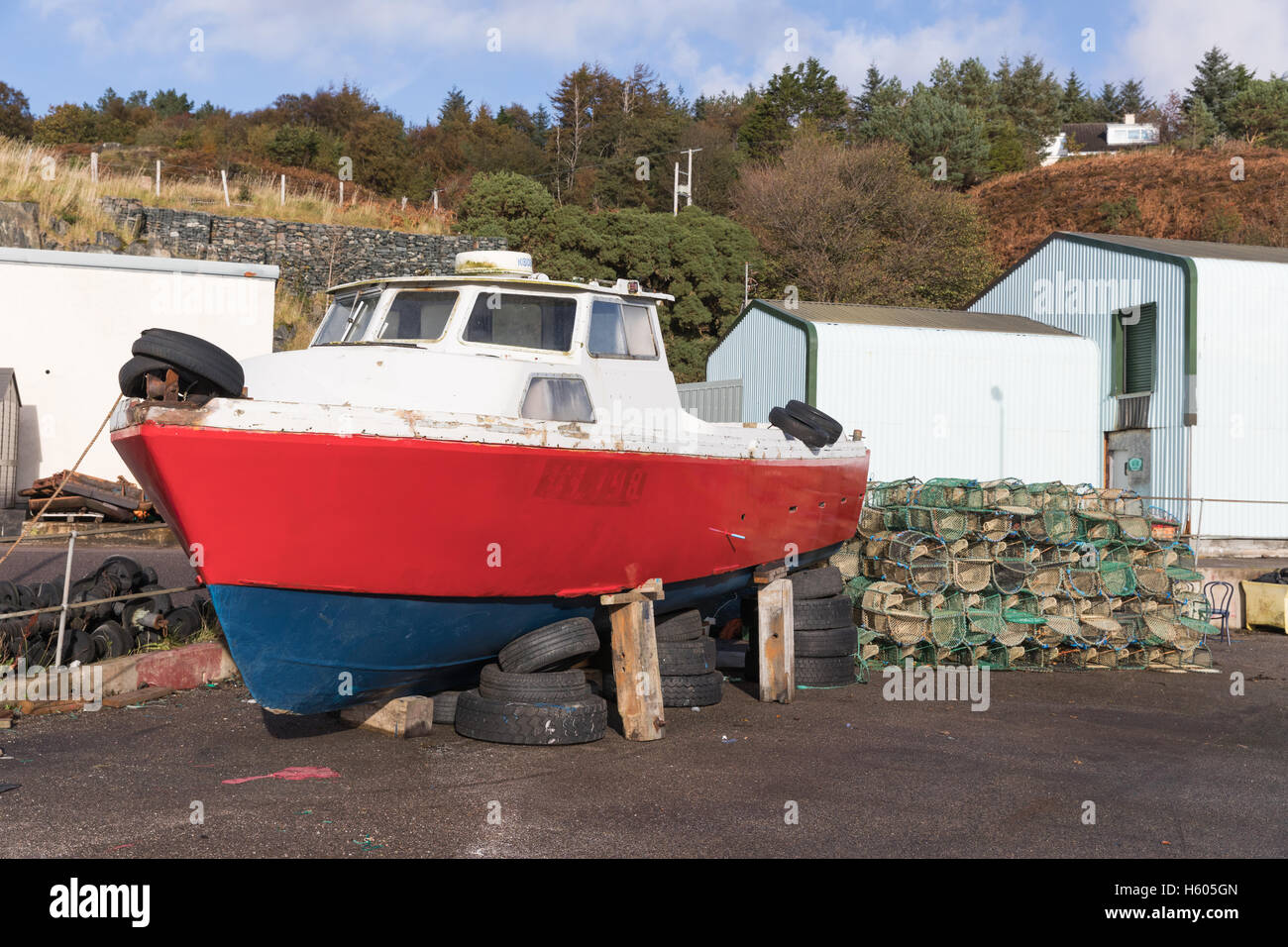 boats in dry dock at Gairloch Harbour, Gairloch, Wester Ross, Scotland Stock Photo