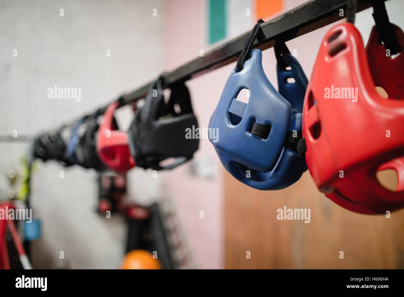 Close-up of various headgear hanging Stock Photo