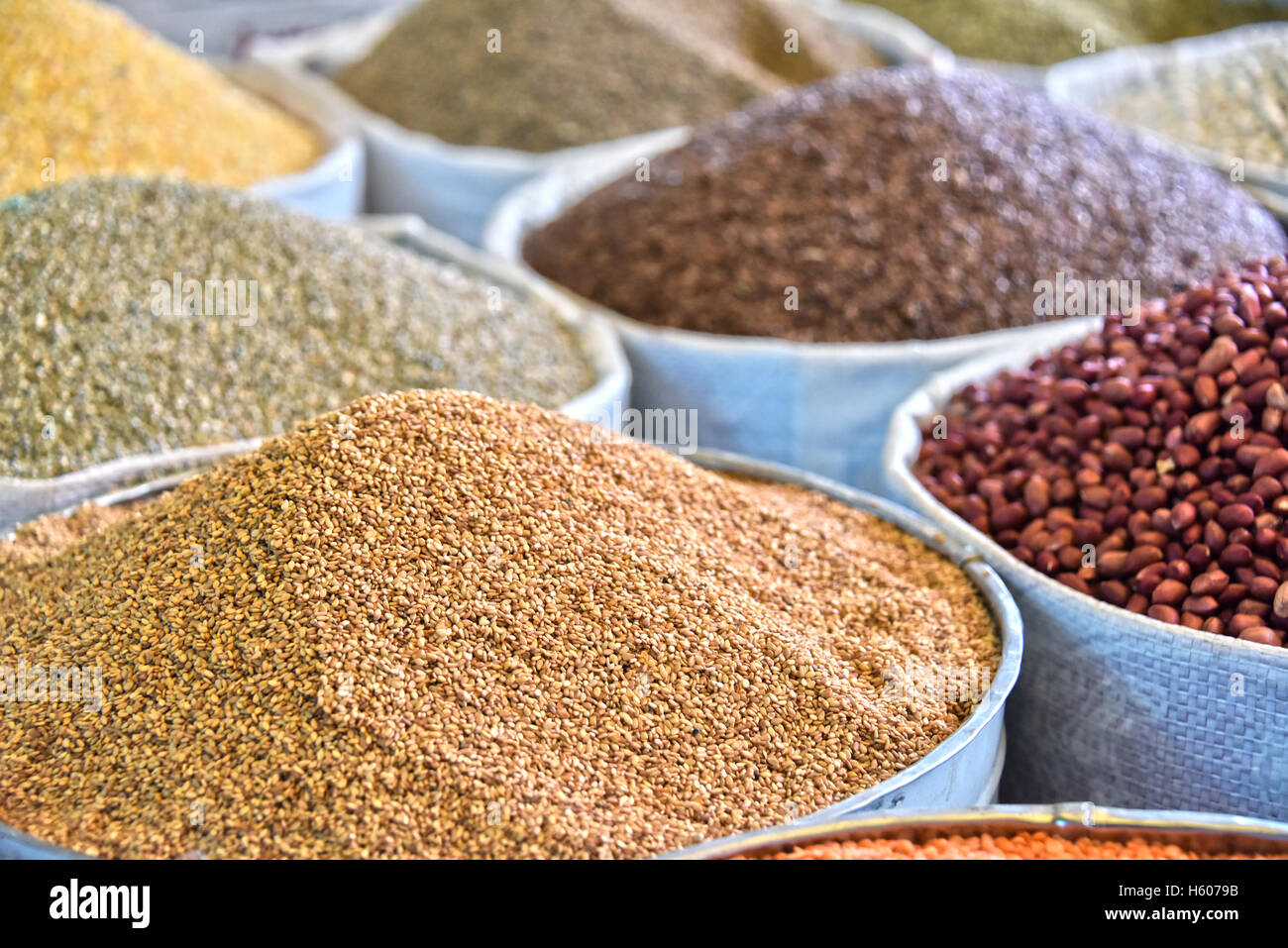 Dried food products on the arab street market stall. Stock Photo