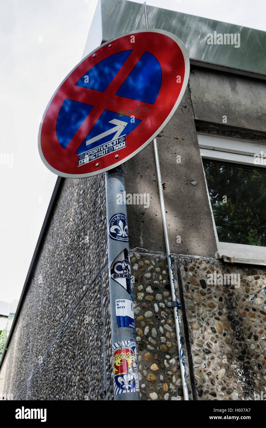 Traffic sign with club stickers at SV Darmstadt 98 German football club. Darmstadt, Hesse, Germany Stock Photo