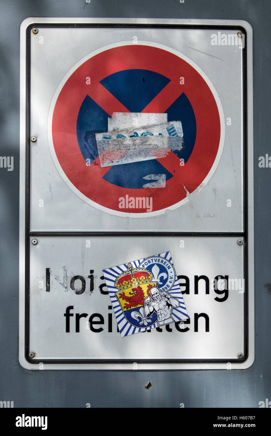 Club sticker with crest on traffic sign at SV Darmstadt 98 German football club Darmstadt, Hesse, Germany Stock Photo