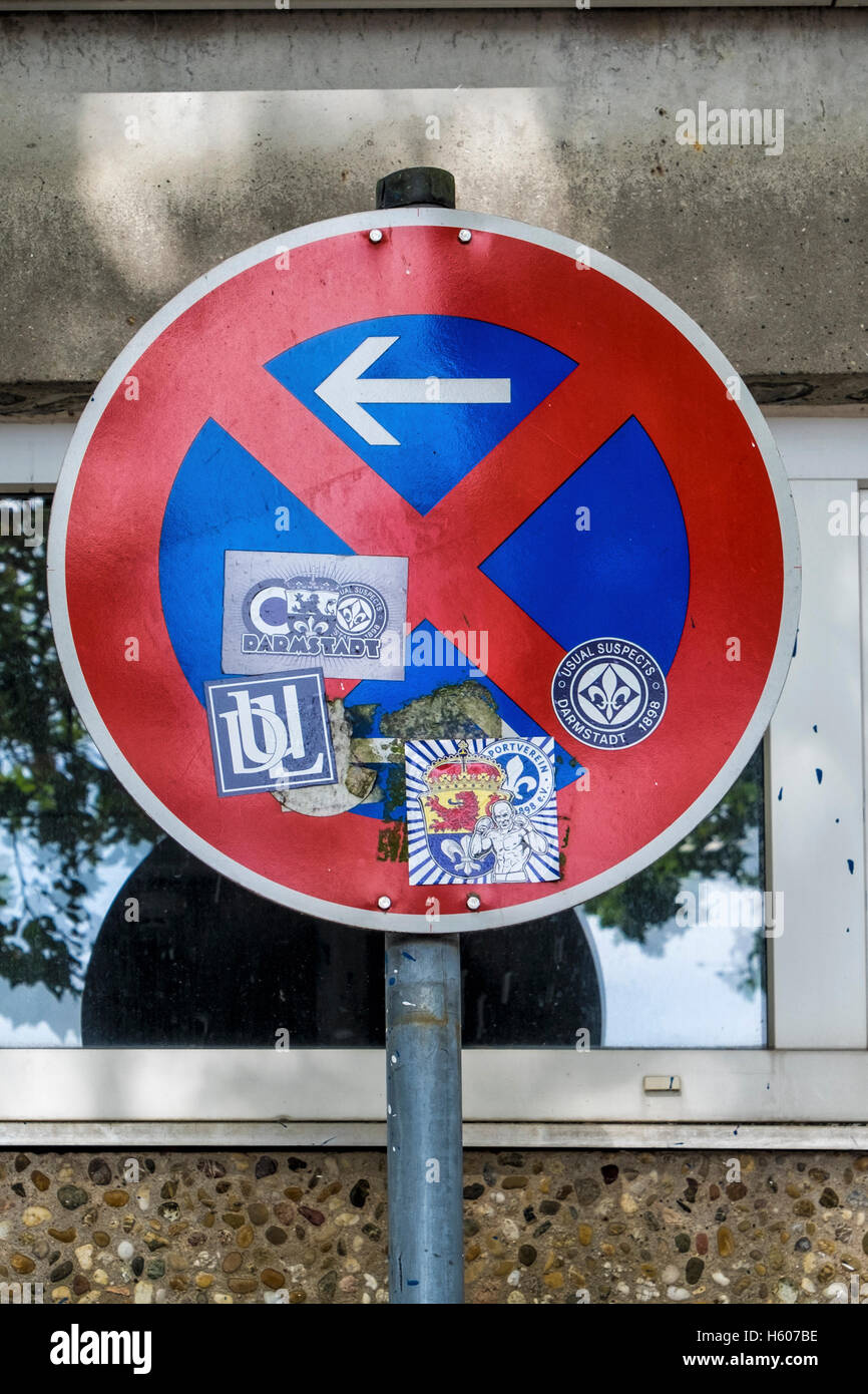 Club stickers, Logo & crest  on traffic sign at SV Darmstadt 98 German football club Darmstadt, Hesse, Germany Stock Photo