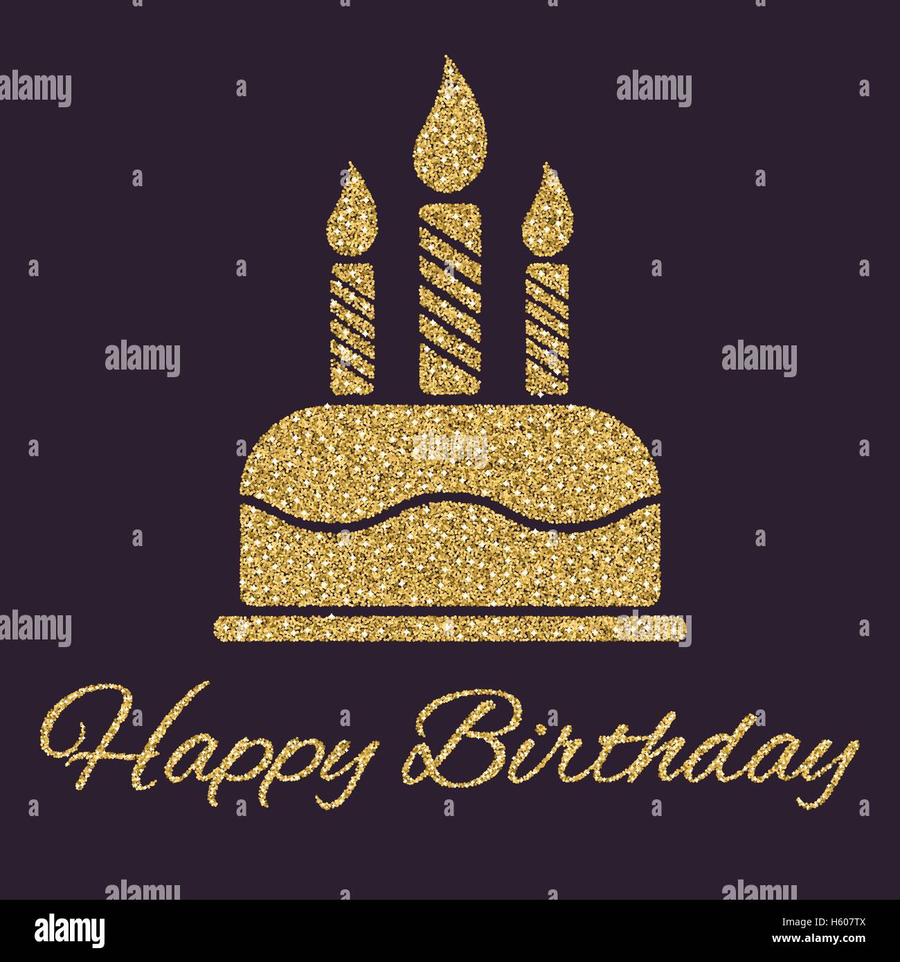 The birthday cake with candles. Dessert symbol. Gold sparkles and