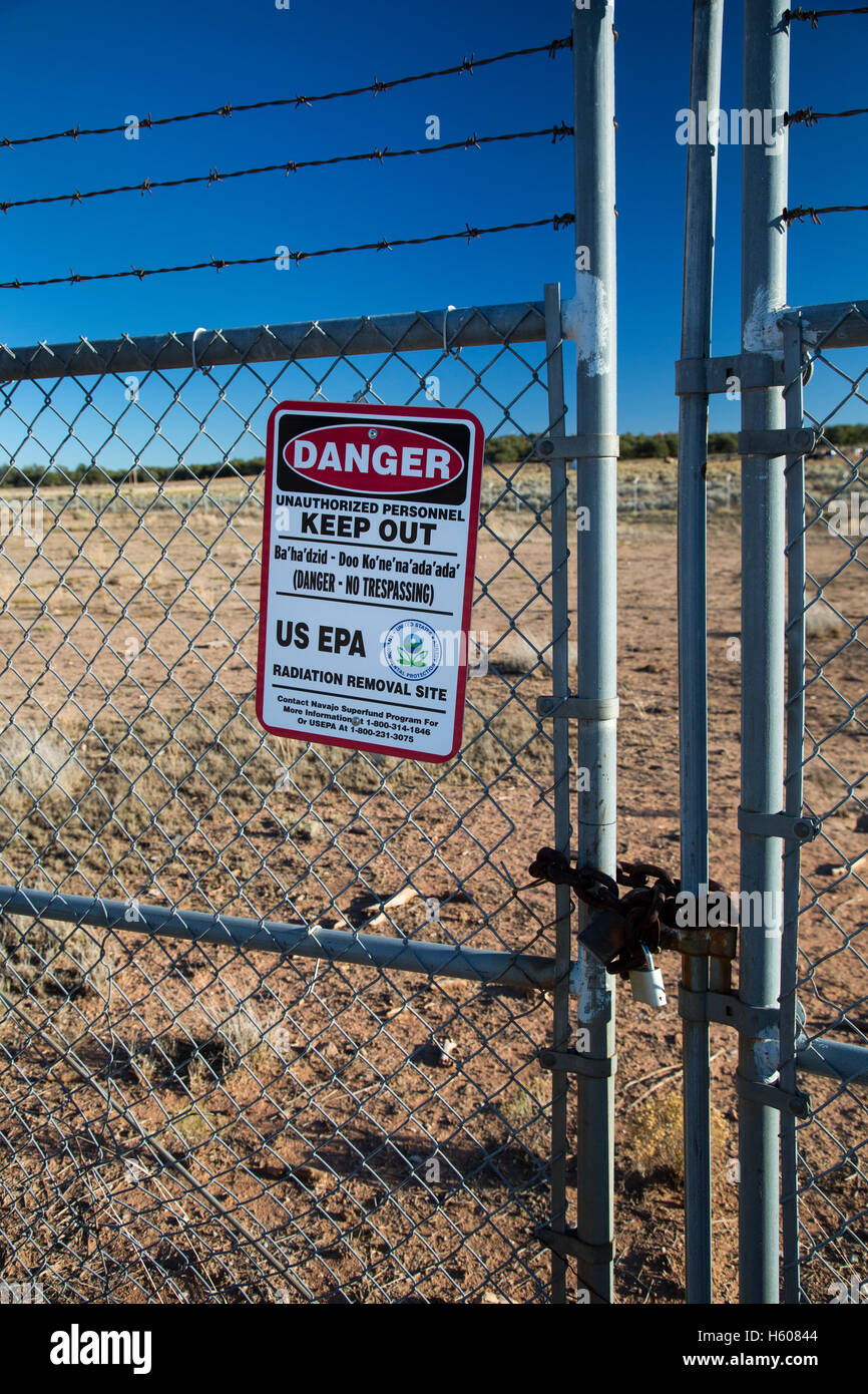 Mariano Lake, New Mexico - A sign warns of radiation danger on the site of an abandoned uranium mine on the Navajo Nation. Stock Photo