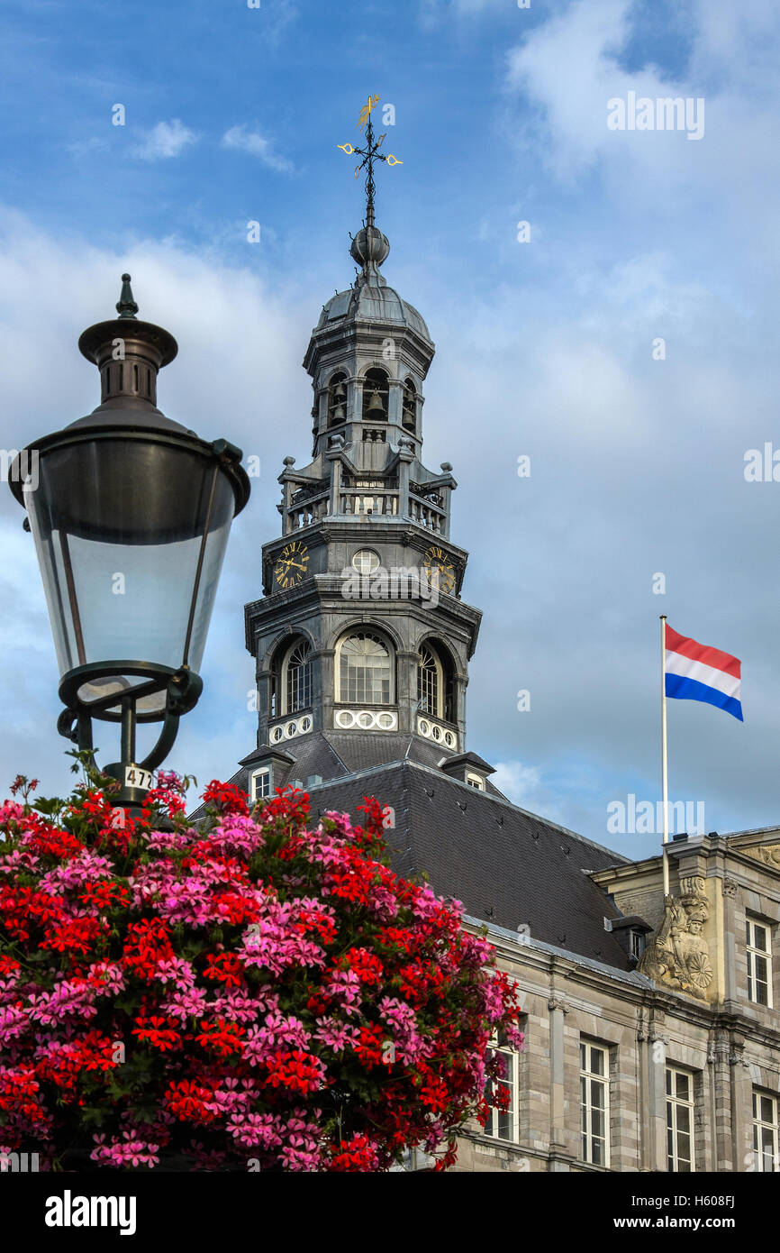 The city of Maastricht in southeast Netherlands. The Town Hall building in 'Markt', the main market square. Built in the 17th ce Stock Photo