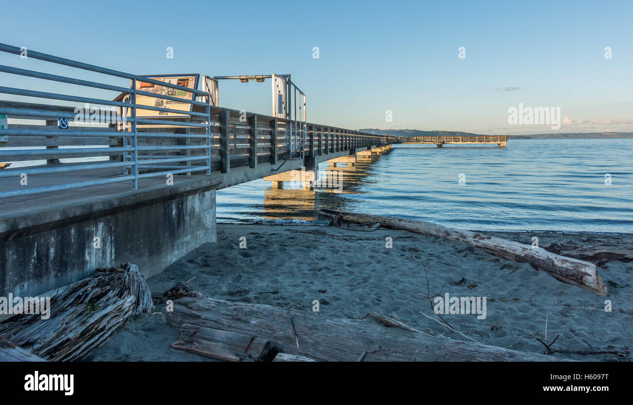 A view of the fishing pier in Dash Point, Washington at high tide. Stock Photo