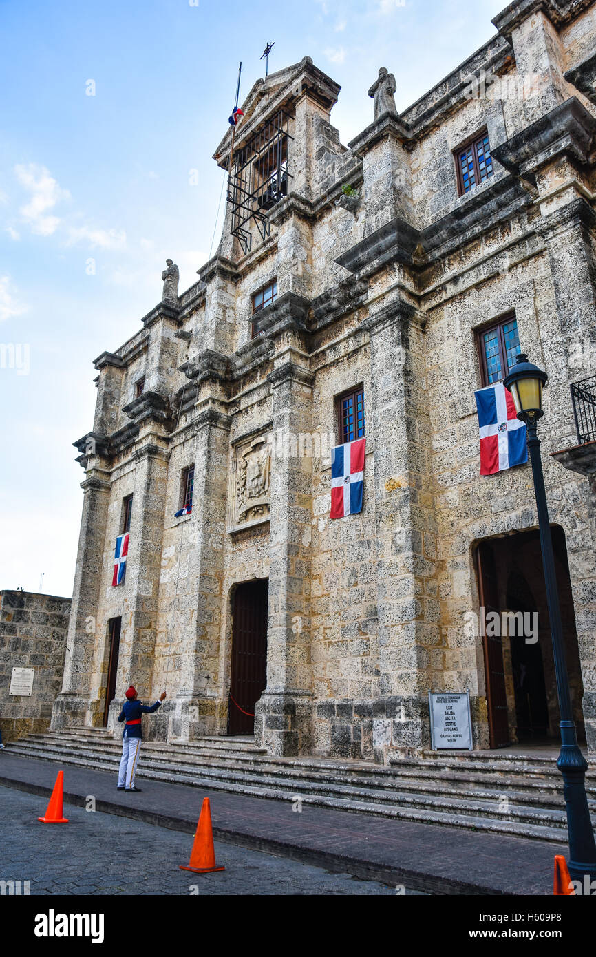 Santo Domingo, Dominican Republic. Flag Raising at the National Pantheon in Las Damas street. Stock Photo