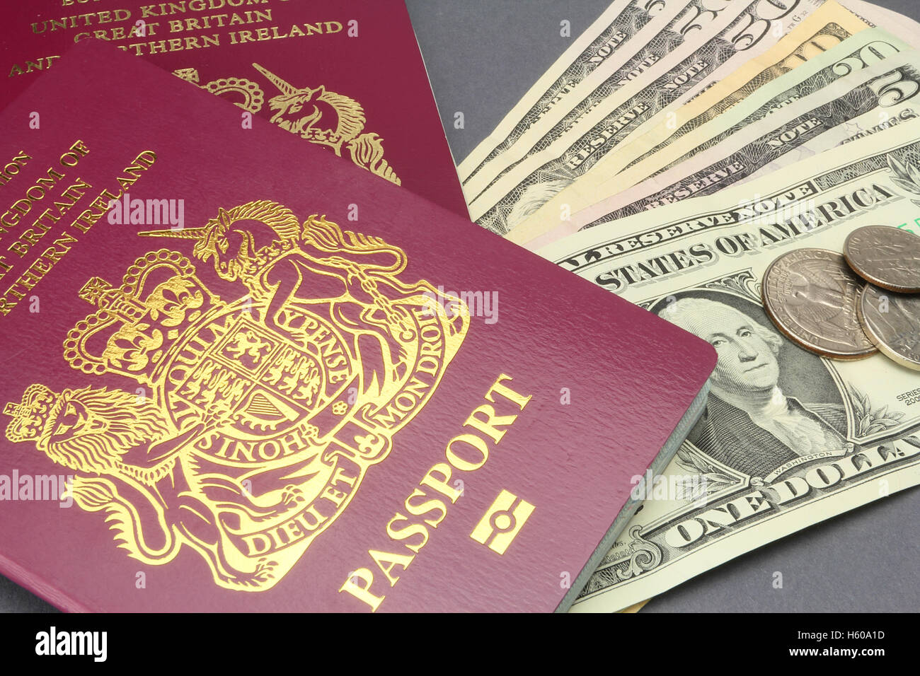 British biometric passport with US Dollar currency Stock Photo