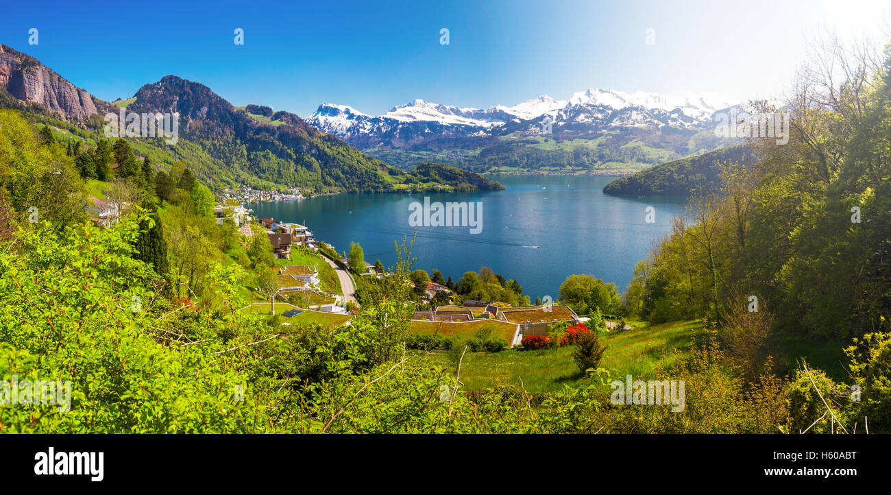 Panorama view to village Vitznau, lake Lucerne (Vierwaldstattersee) and