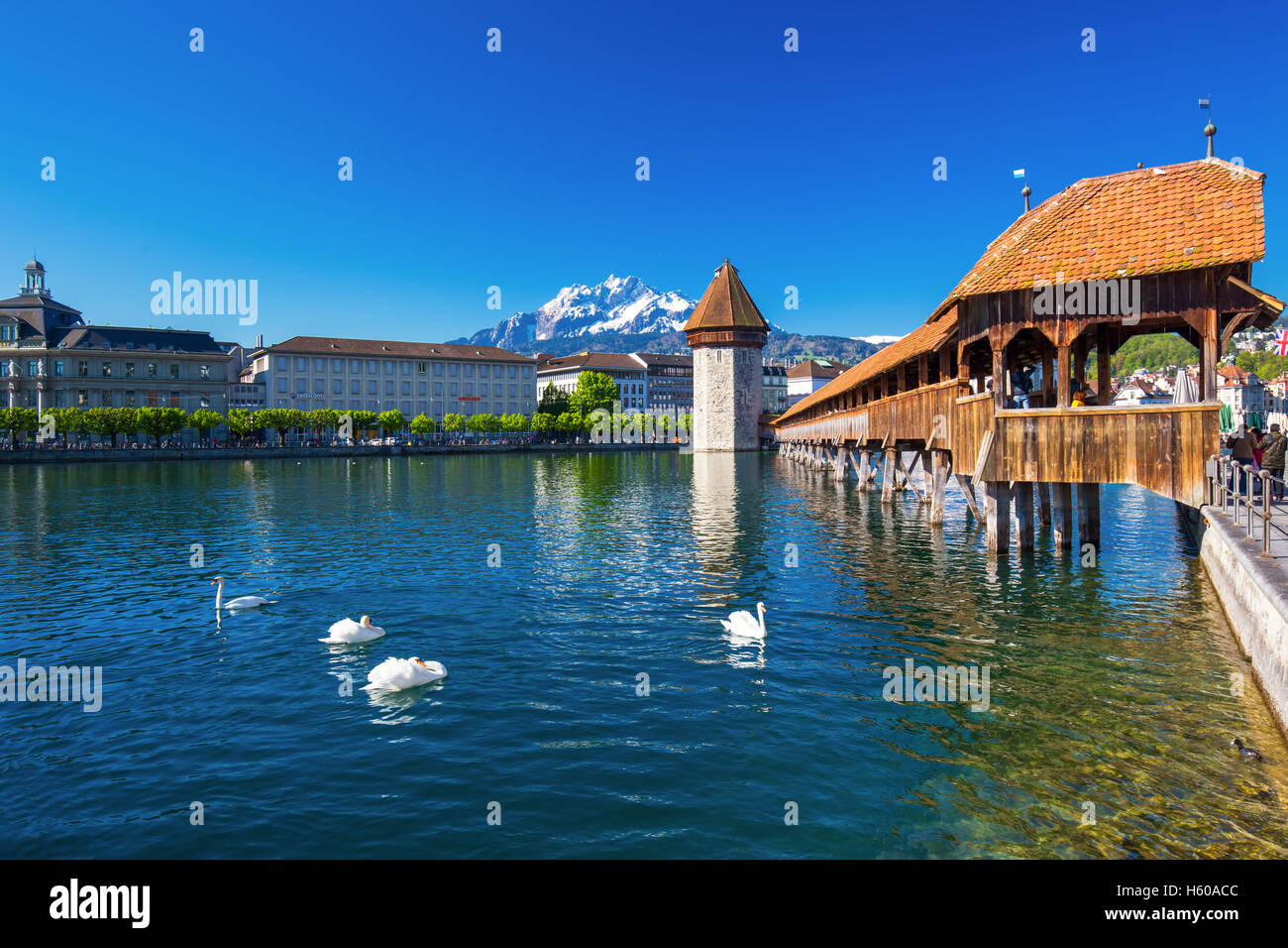 Historic city center of Lucerne with famous Chapel Bridge and lake