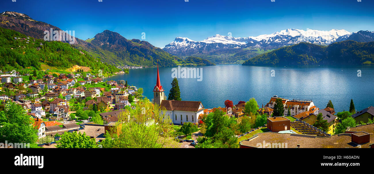 Panorama image of village Weggis, lake Lucerne and Swiss Alps in the background near Lucerne