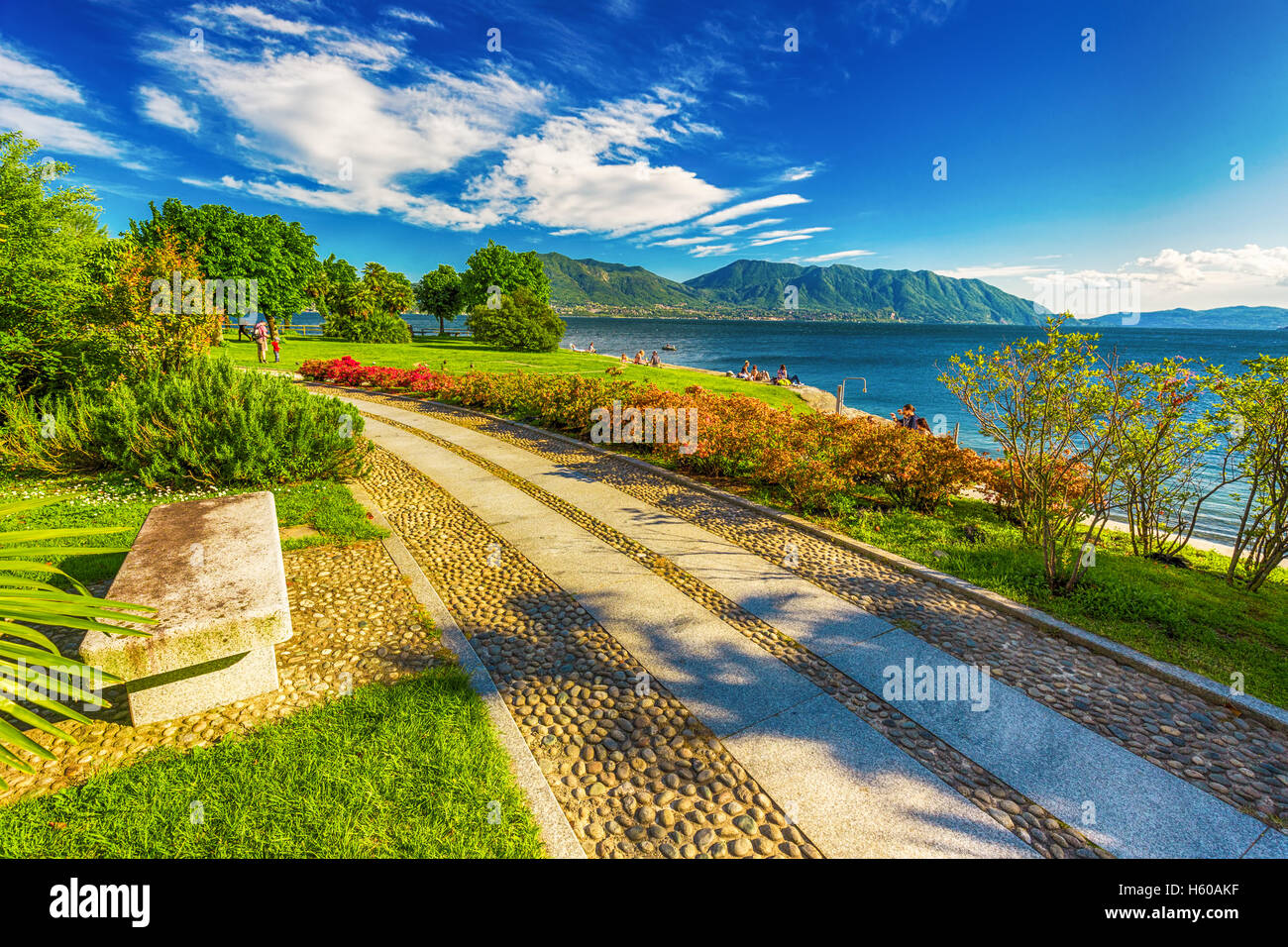 Beautiful promenade along the Lago Maggiore lake near Locarno, Switzerland Stock Photo