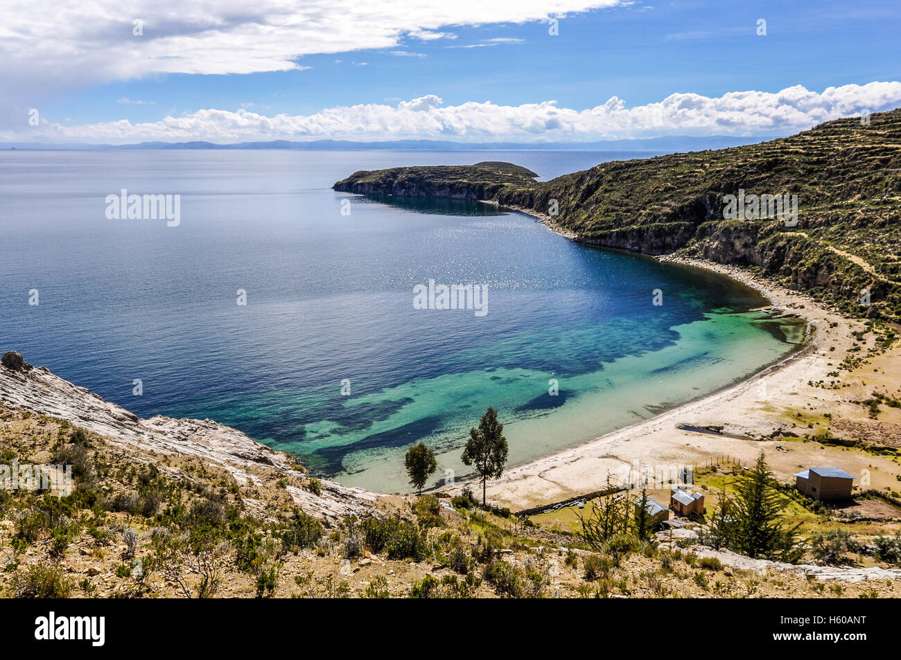 Seaside on the Isla del Sol on the Lake Titicaca in Bolivia Stock Photo