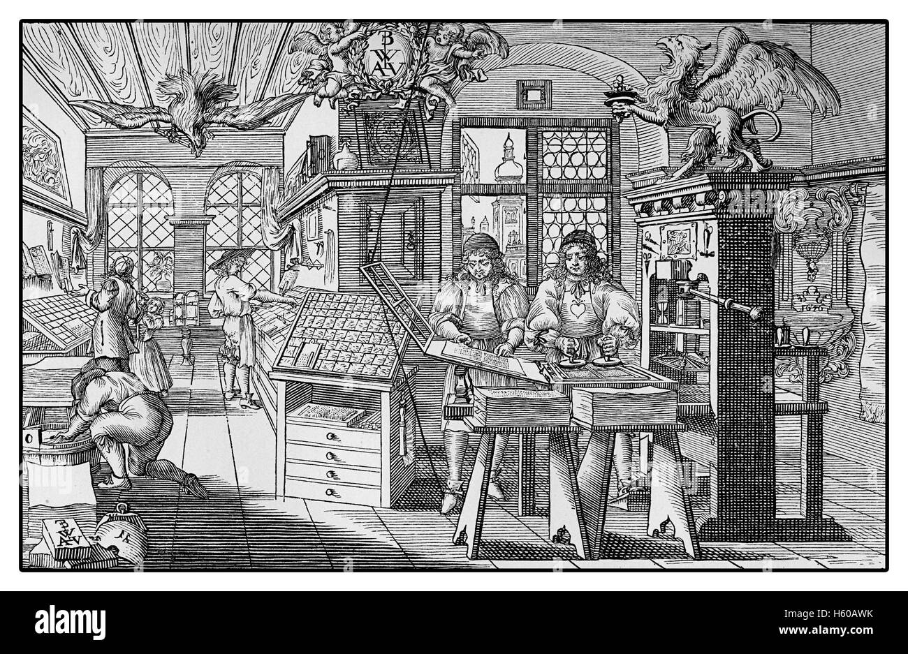 Vintage engraving describing a Renaissance to print books with