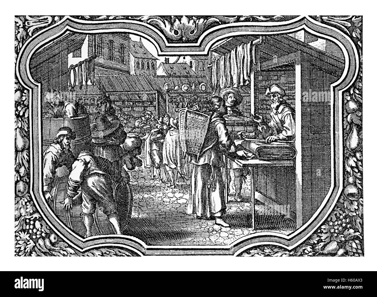 Germany, XVII century city view with festive market, people buying food, drinks and cloths, engraving within decorated frame Stock Photo