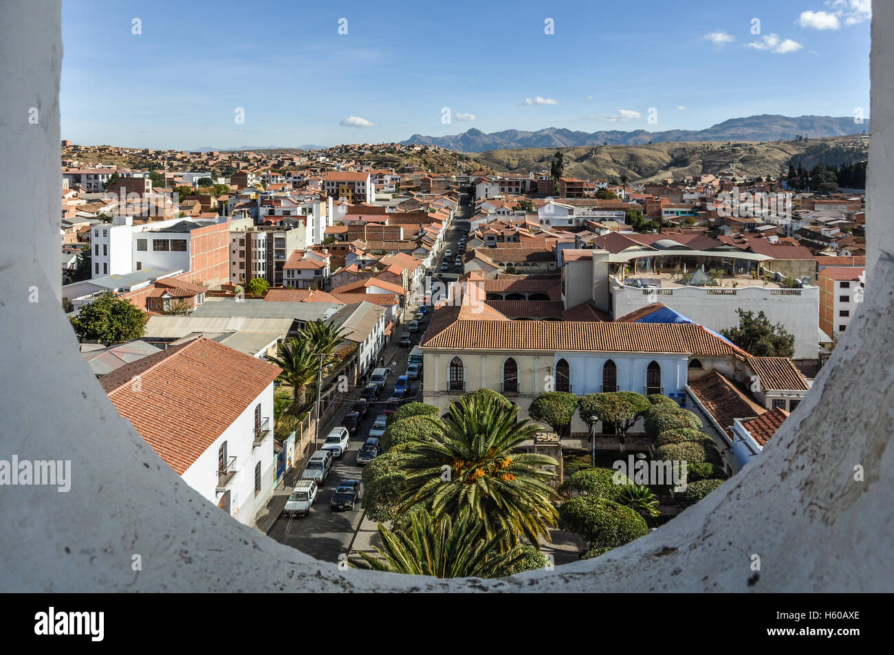 Aerial view of downtown Sucre with the cathedral from Felipe Neri monastery, Bolivia Stock Photo