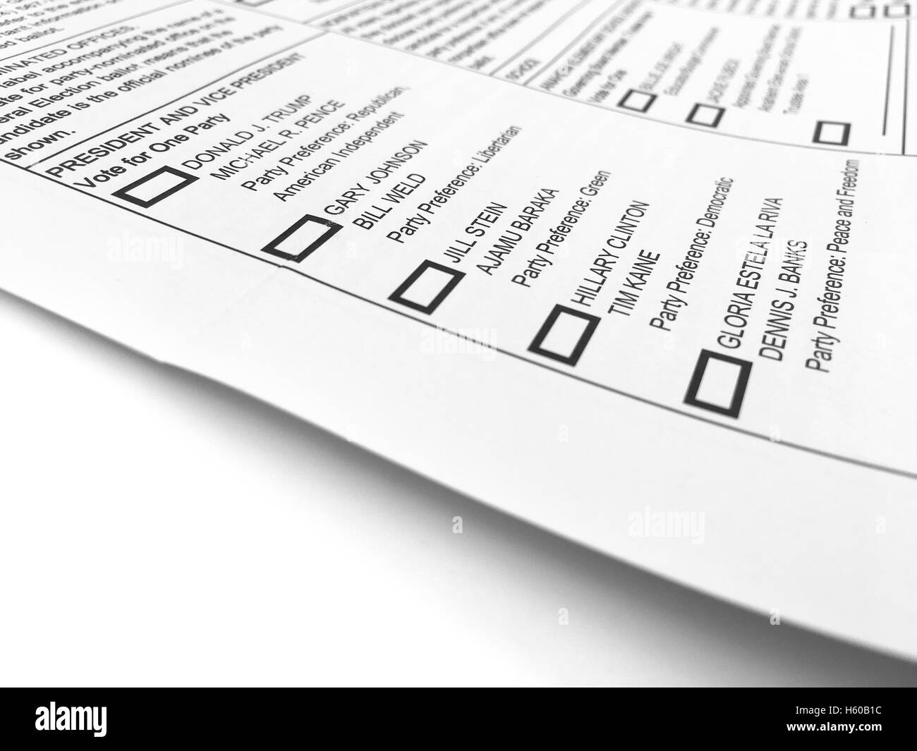 Orange County, CA, USA - October 1, 2016: General election ballot form with the listed U.S. presidential candidates. Stock Photo