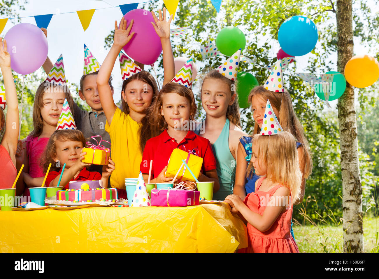 Group of happy kids celebrating birthday outdoor Stock Photo Alamy
