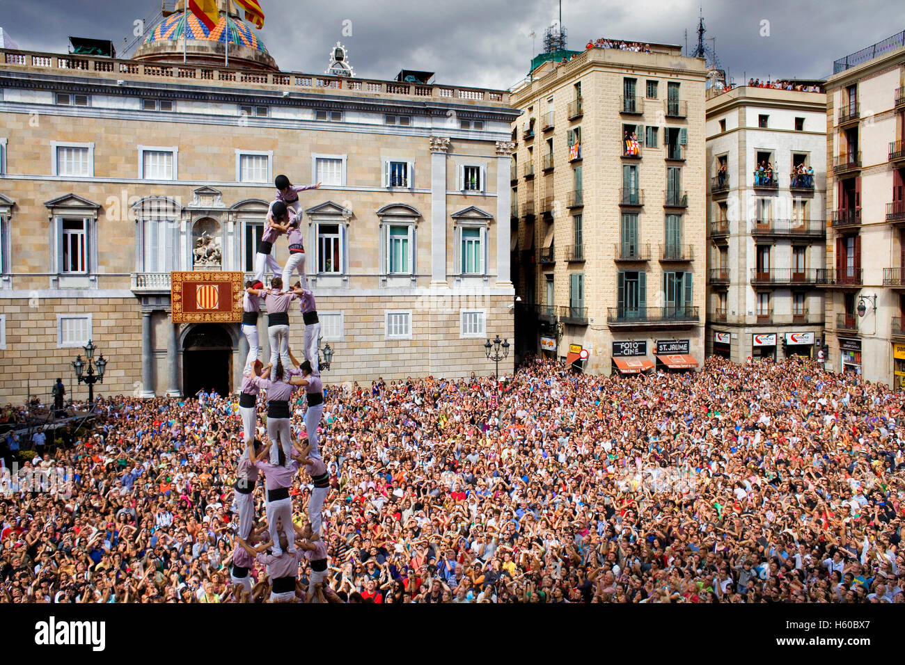 Minyons de Terrassa.'Castellers' building human tower, a Catalan tradition.Festa de la Merçe, city festival. Plaça de Sant Jaume Stock Photo