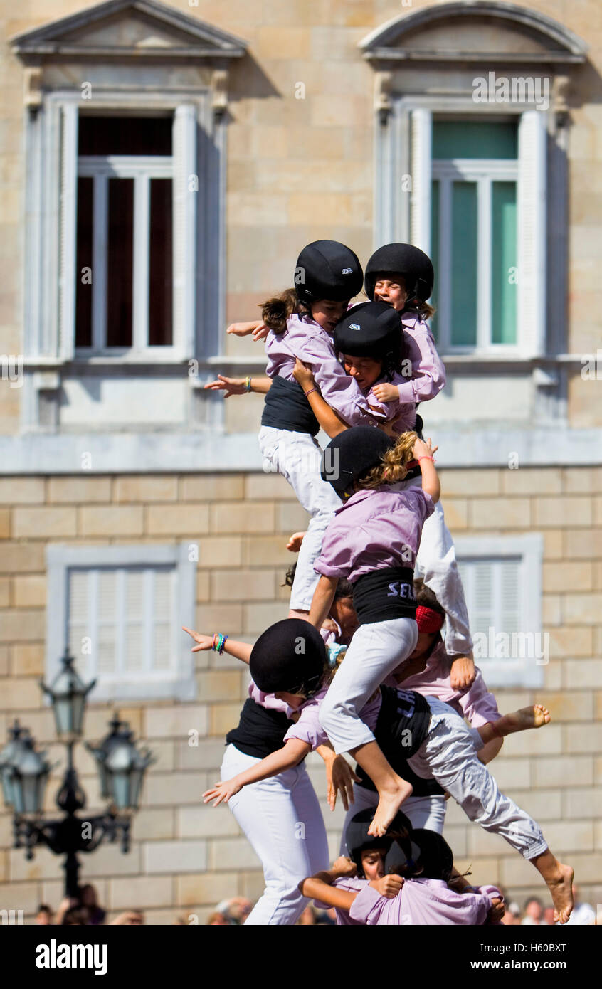 Minyons de Terrassa.Human tower falling, Castellers is a Catalan tradition.Festa de la Merçe, city festival. Plaça de Sant Jaume Stock Photo