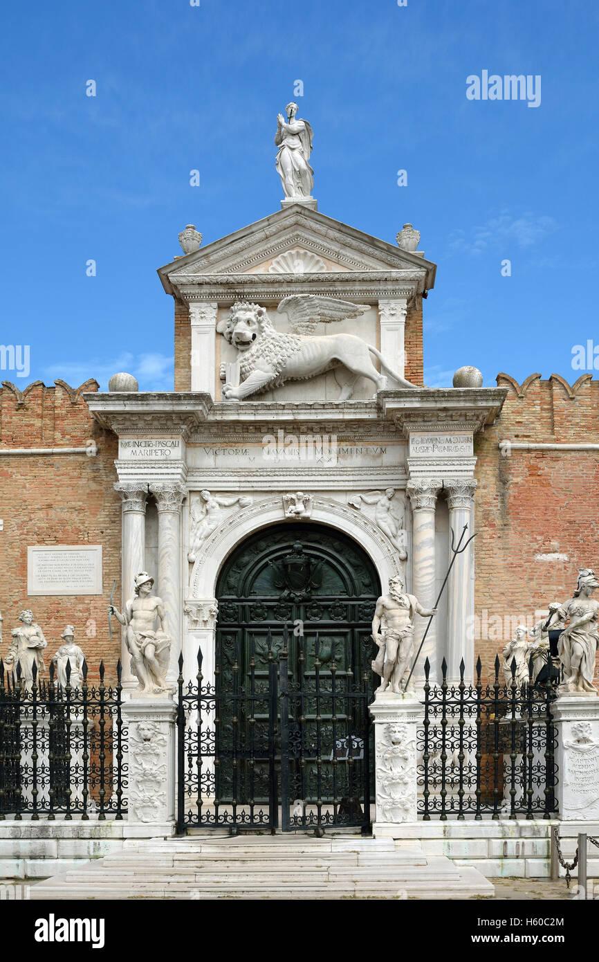 Portal ingresso di terra at the entrance to the Venetian Arsenal and Naval Museum in Castello district of Venice in Italy. Stock Photo
