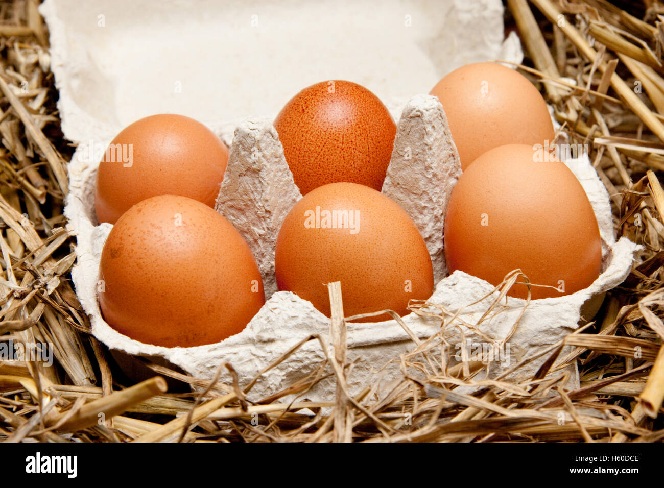brown organic eggs in a box on straw Stock Photo - Alamy