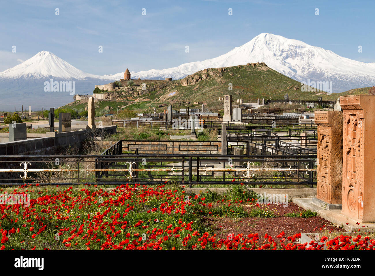 Armenian cemetery with the two peaks of the Mount Ararat in the background. Stock Photo