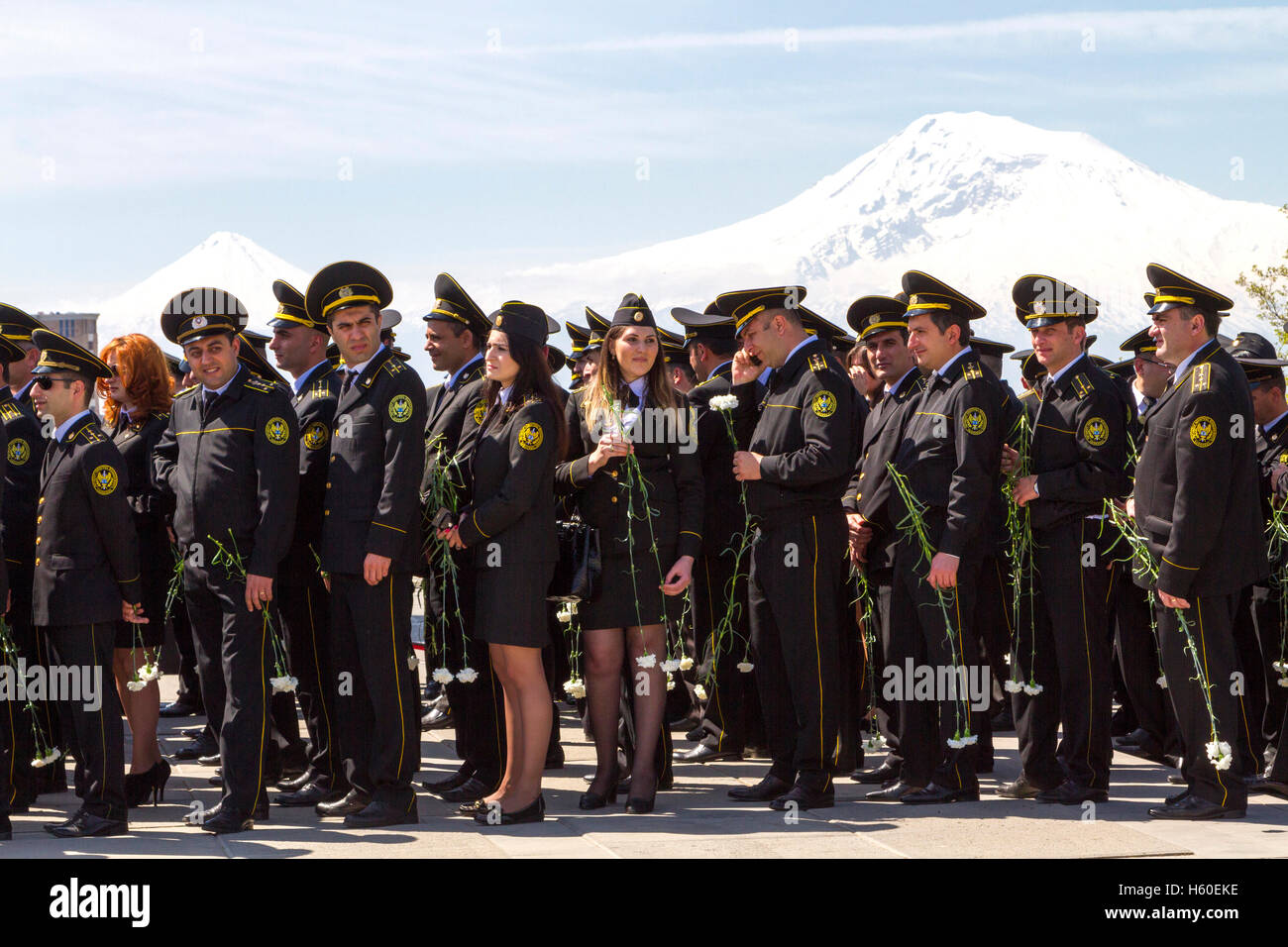 Armenian military at the genocide memorial in Yerevan, Armenia at the centennial of the Armenian genocide in 2015. Stock Photo