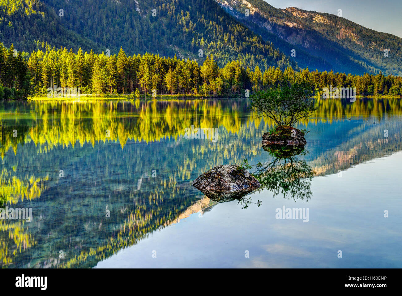 Alps, lake Hintersee in the morning. Stock Photo