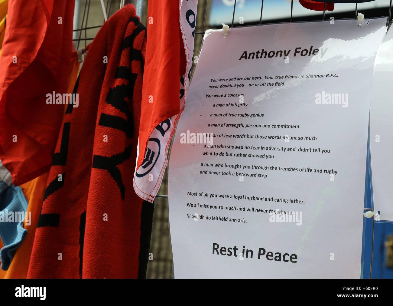 A tribute wall to former Munster head coach Anthony Foley is seen outside the ground prior to