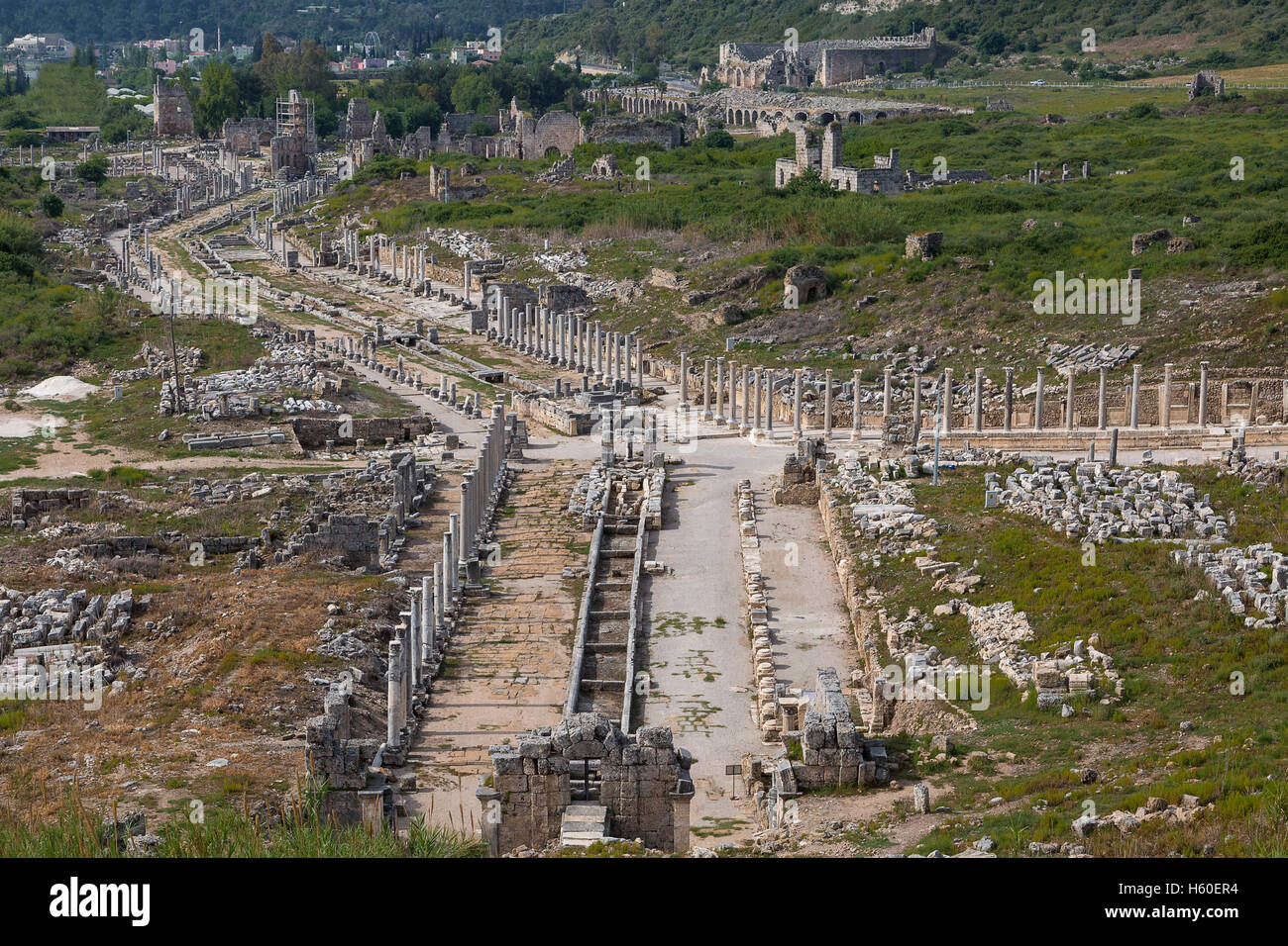 Aerial view over the ruins of Roman city of Perge in Antalya, Turkey. Stock Photo