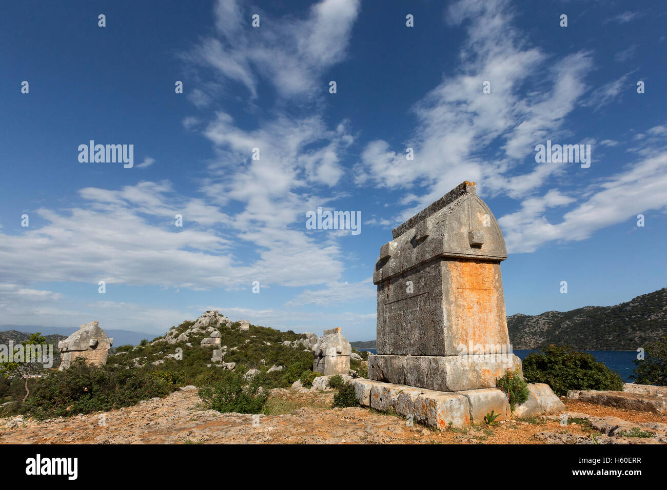 Lycian style tomb along the Mediterranean sea. Stock Photo