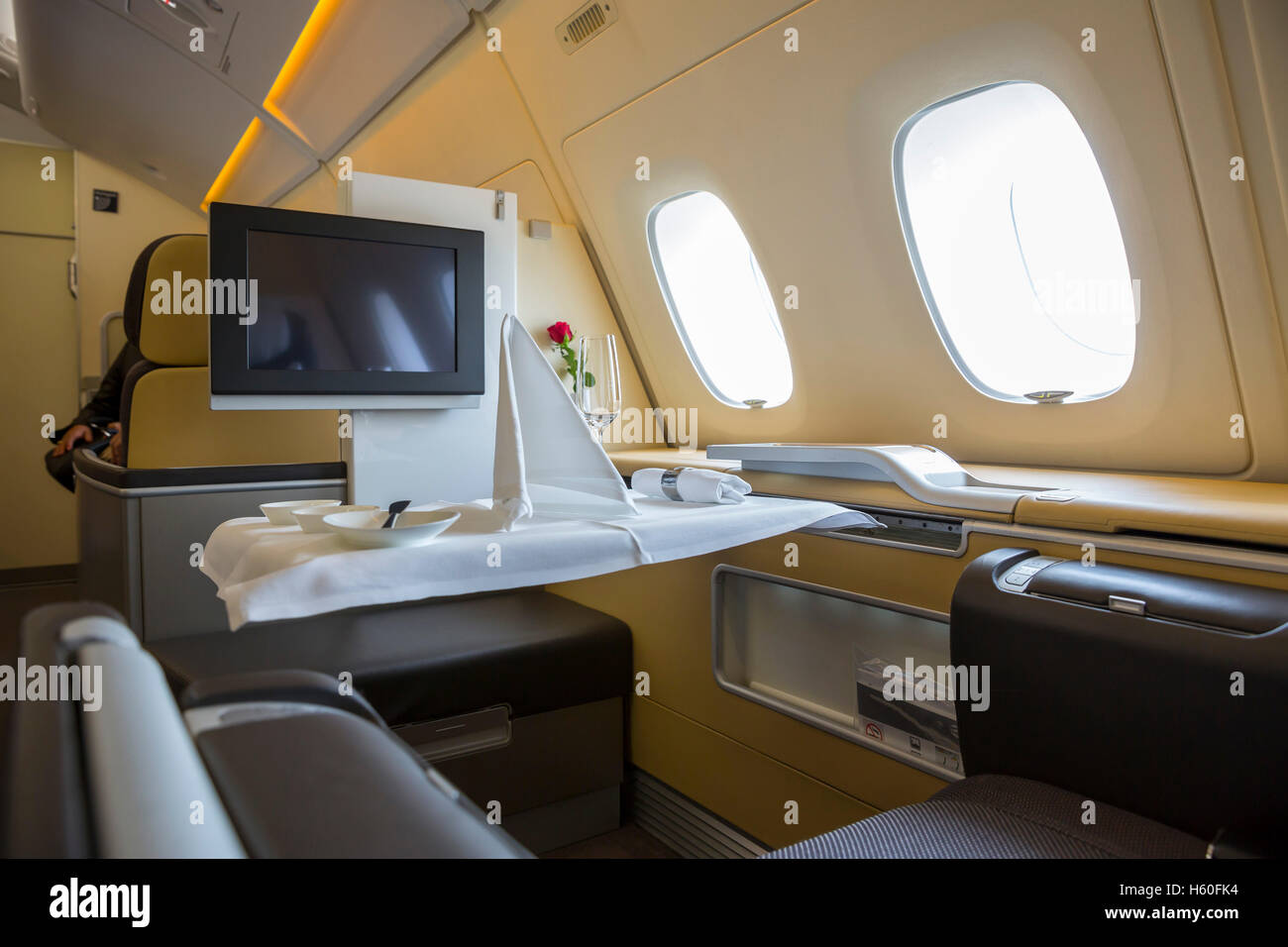 Sofia, Bulgaria - October 16, 2016: The inside of Lufthansa Airbus A380 airplane. The Airbus A380 is a double-deck, wide-body, f Stock Photo