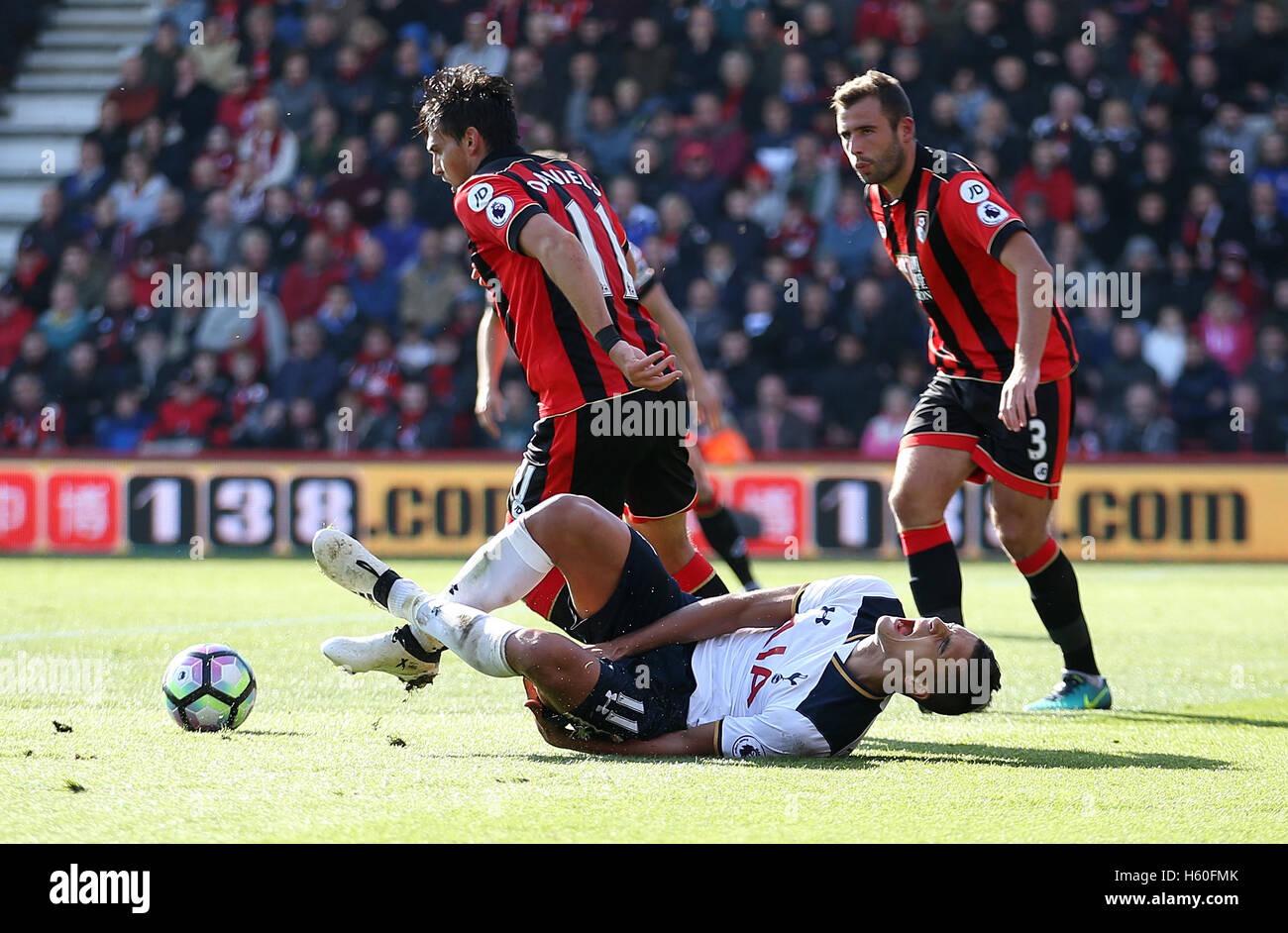 Tottenham Hotspur's Erik Lamela goes to ground in the penalty area after a challenge by AFC Bournemouth's Charlie Daniels during the Premier League match at the Vitality Stadium, Bournemouth. Stock Photo